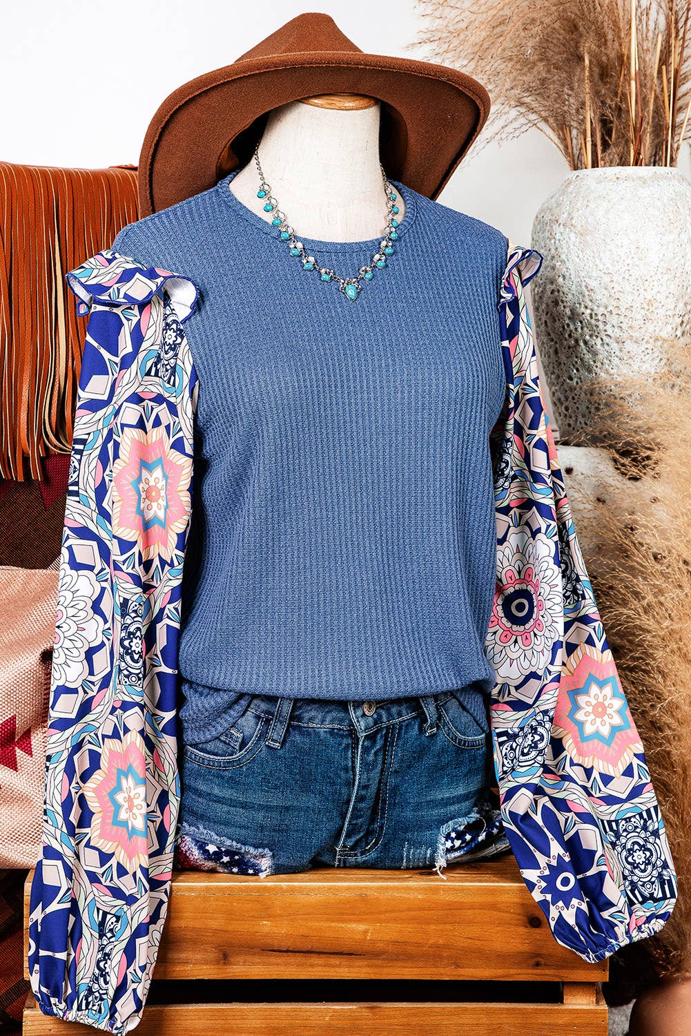 Ruffle Floral Patchwork Waffle Knit O Neck Blouse from Fashionworks