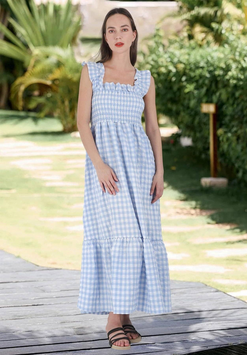 Gingham Smocked Maxi Dress Square Neck Summer