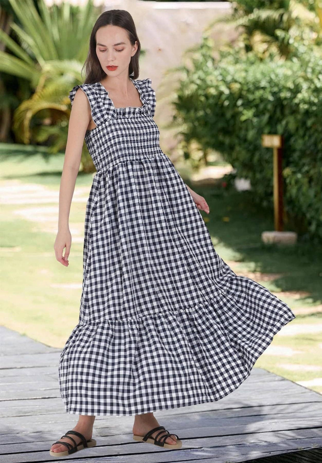 Gingham Smocked Maxi Dress Square Neck Summer