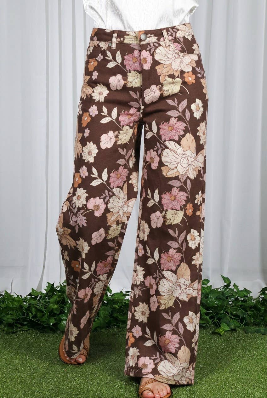 Floral Print Straight Leg Cotton Span Jean Pants