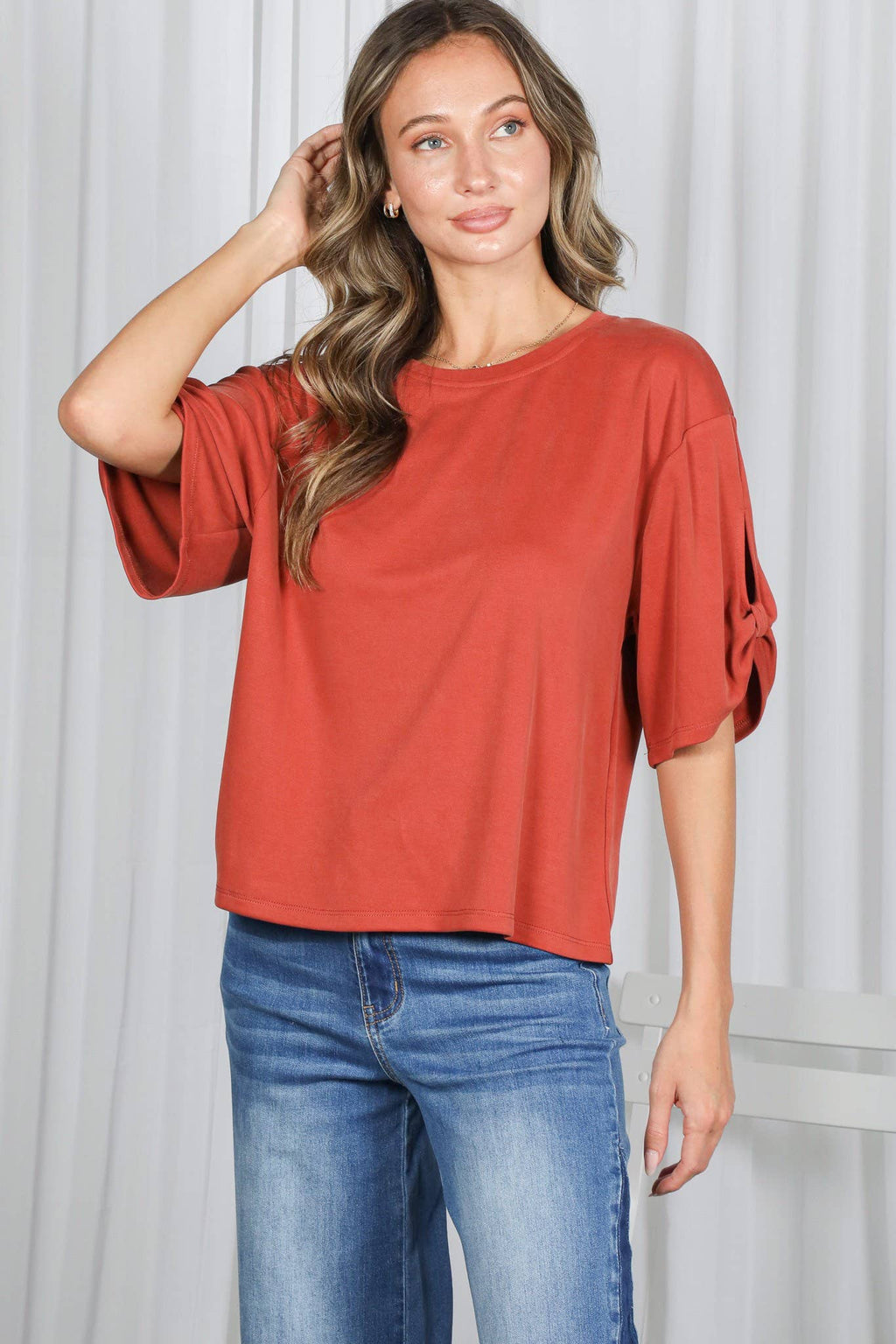 Tie Accent Sleeve Soft Casual T-Shirt Top