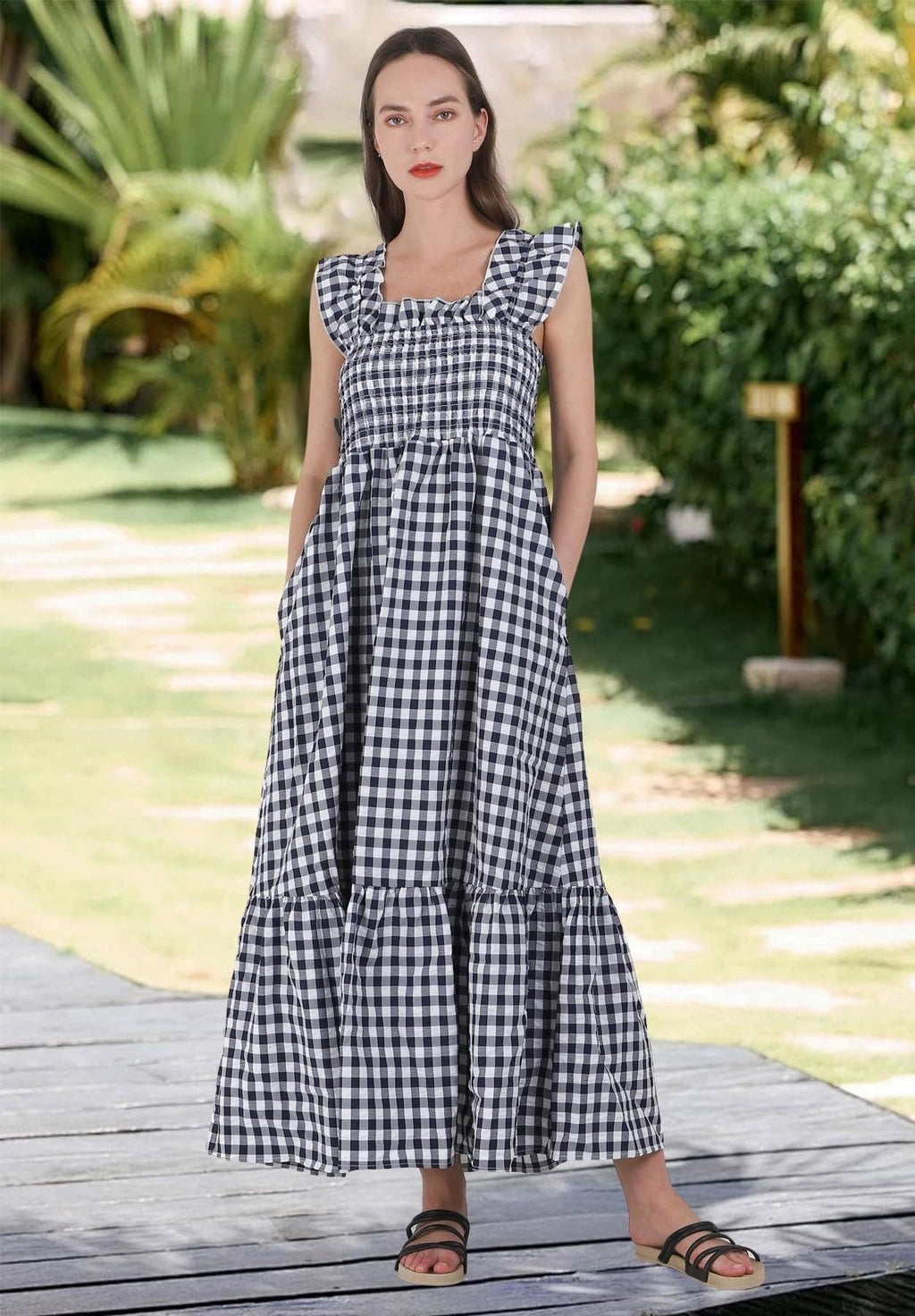 Gingham Smocked Maxi Dress Square Neck Summer