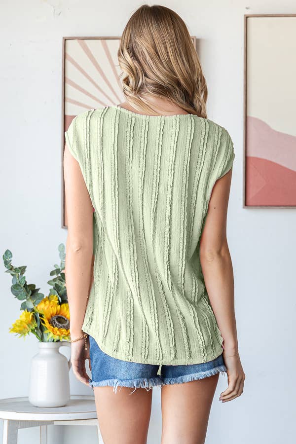Lightweight Stripe Textured Cap Sleeves Blouse T5948