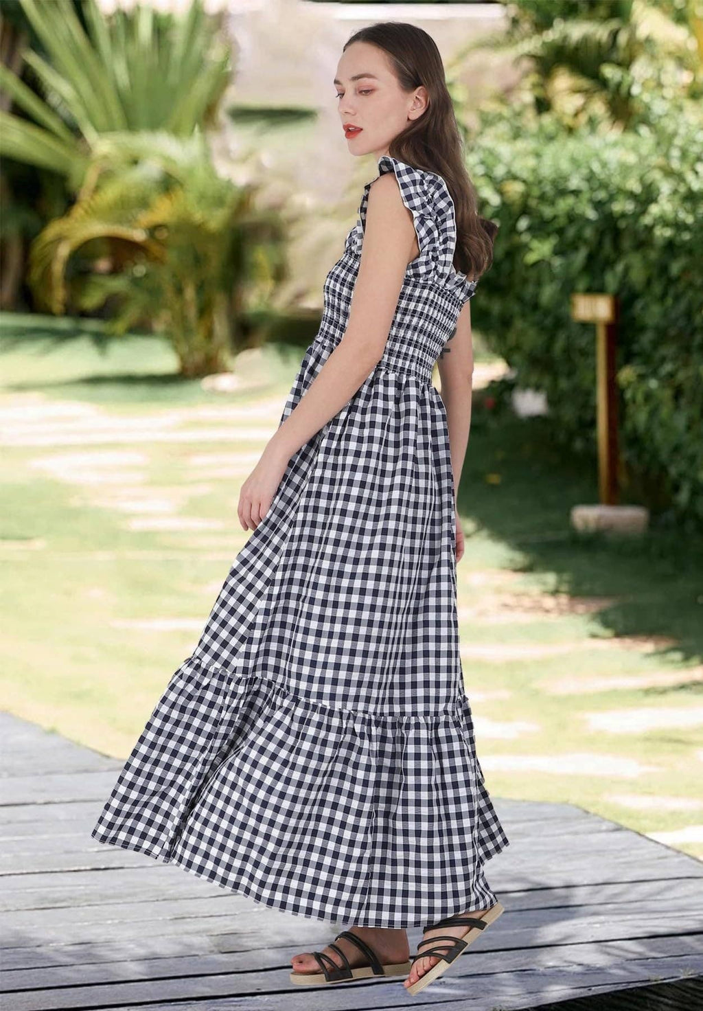 Gingham Smocked Maxi Dress Square Neck Summer