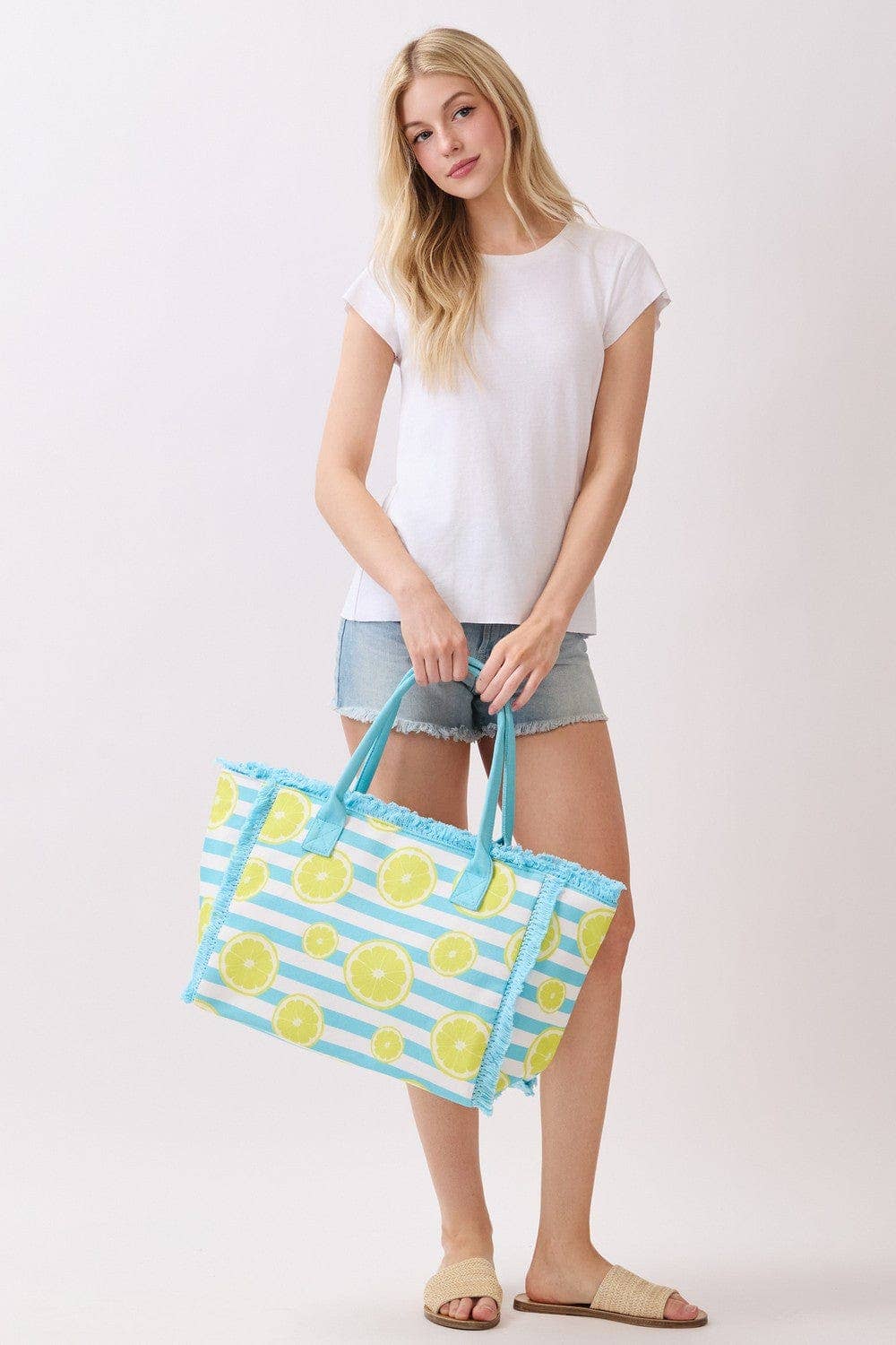 Lemon Stripe Fringe Beach Tote Bag