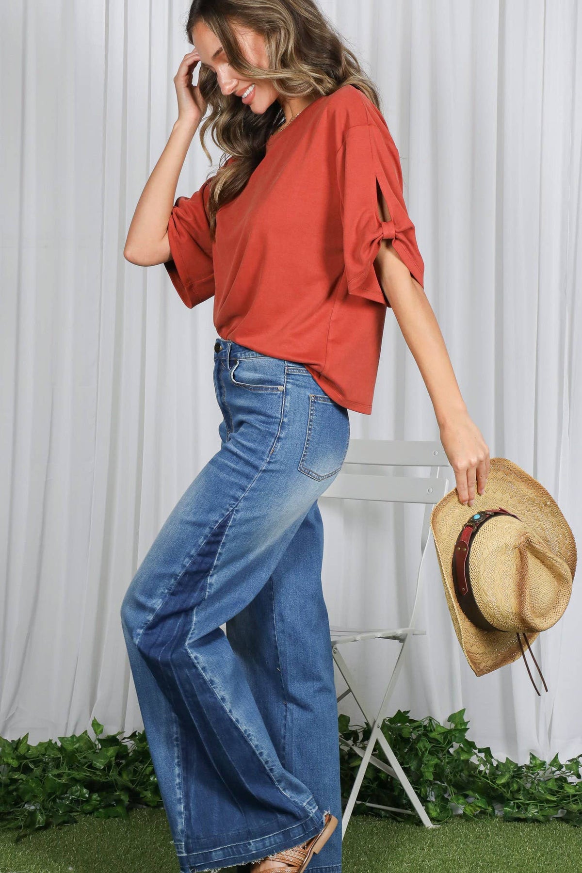 Tie Accent Sleeve Soft Casual T-Shirt Top