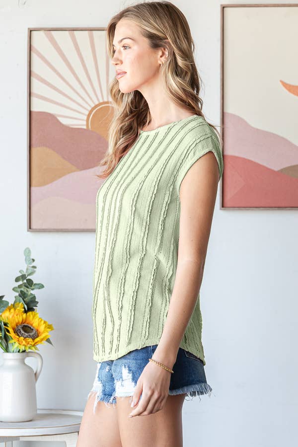 Lightweight Stripe Textured Cap Sleeves Blouse T5948