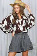 Western-Inspired V-Neck Cow Print Shirt Top