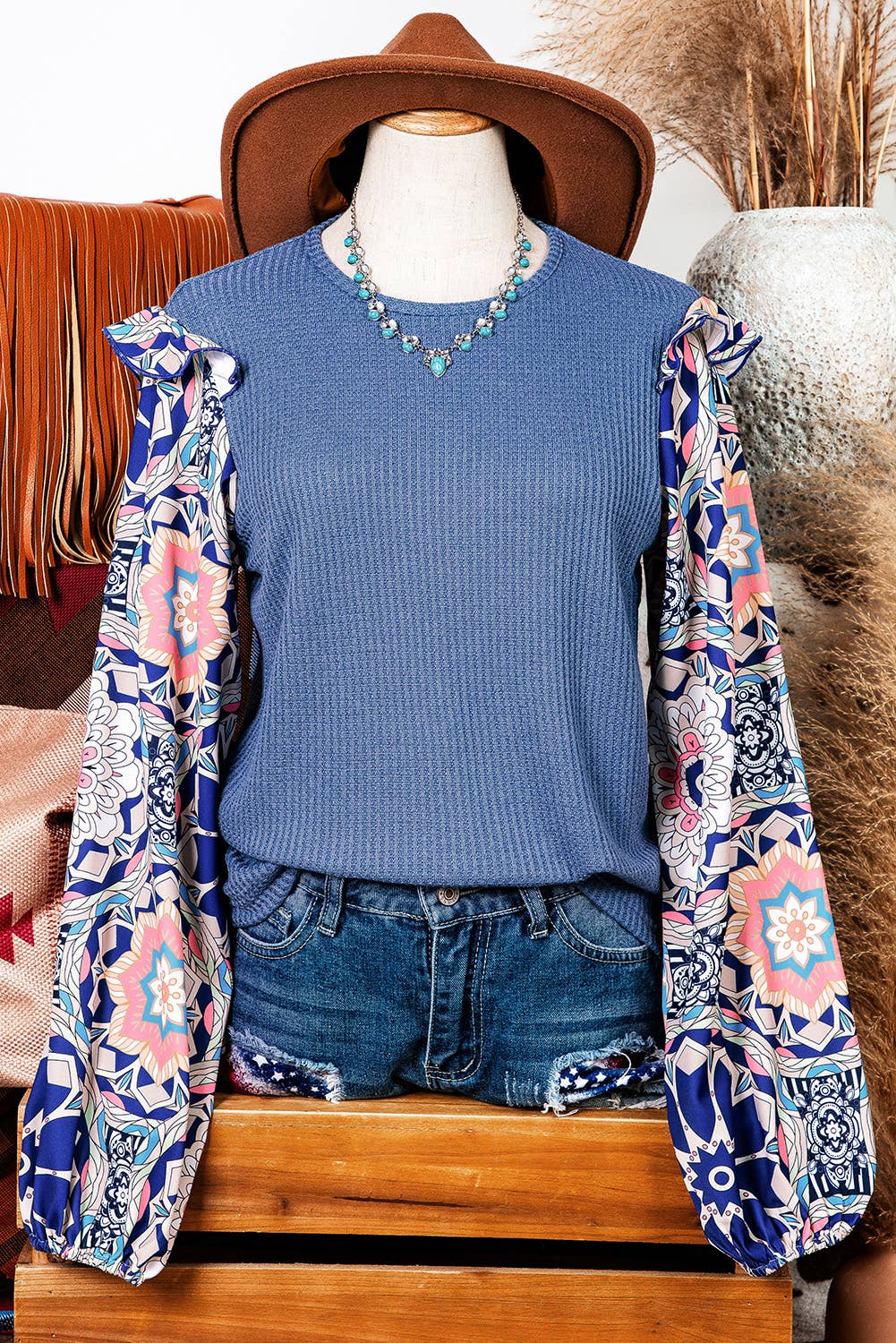 Ruffle Floral Patchwork Waffle Knit O Neck Blouse from Fashionworks