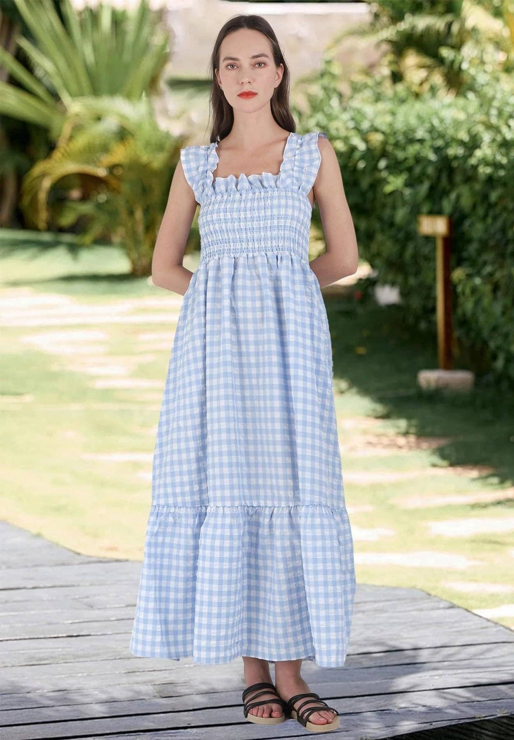 Gingham Smocked Maxi Dress Square Neck Summer