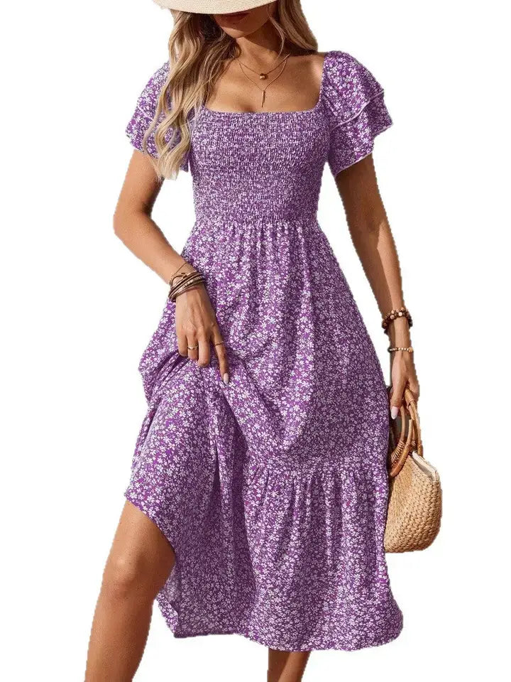 Floral Smocked Midi Dress Square Neck Ruffle Sleeve