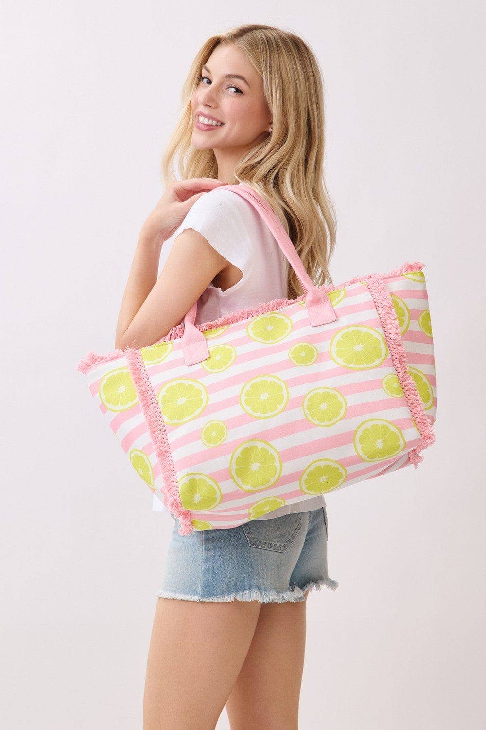 Lemon Stripe Fringe Beach Tote Bag