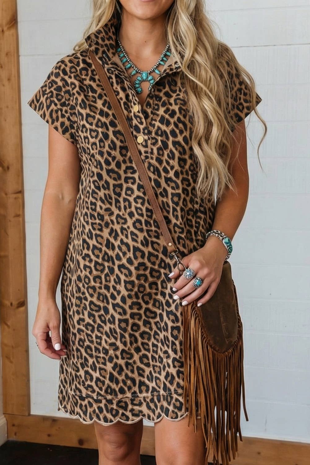 Westren Buttoned Shift Leopard Dress with Pockets (S-XL)