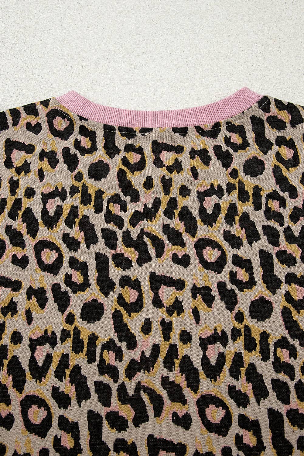 Pink Leopard Print Contrast Edge Long Sleeve Pullover Shorts Set