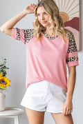 Rib Animal Print Contrast Round Neck Short Sleeve Top
