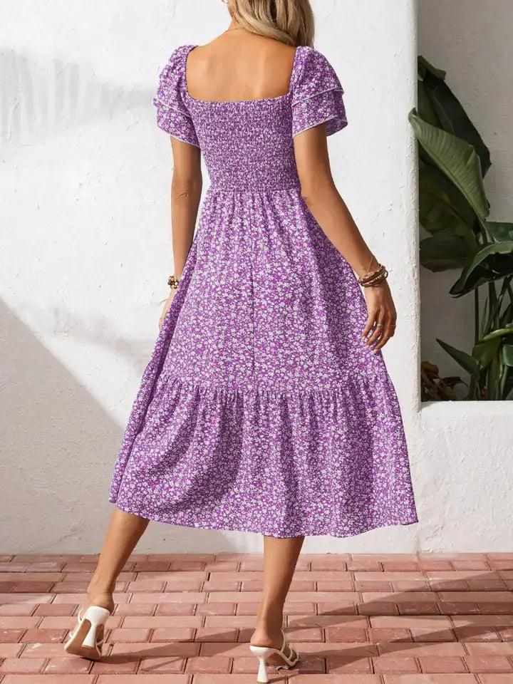 Floral Smocked Midi Dress Square Neck Ruffle Sleeve