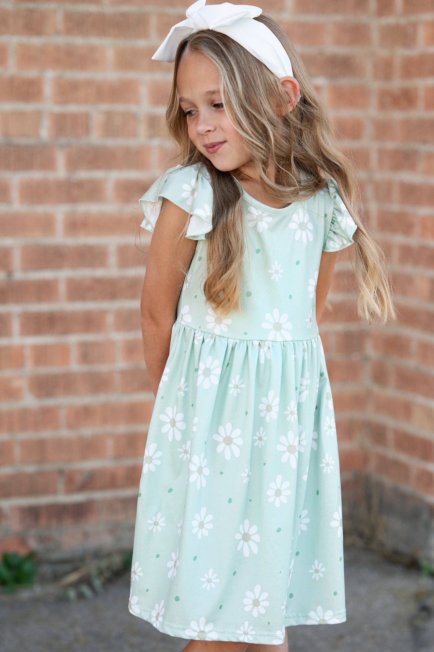 Girls Claire Sage Daisy Spring Easter Flutter Sleeve Dress
