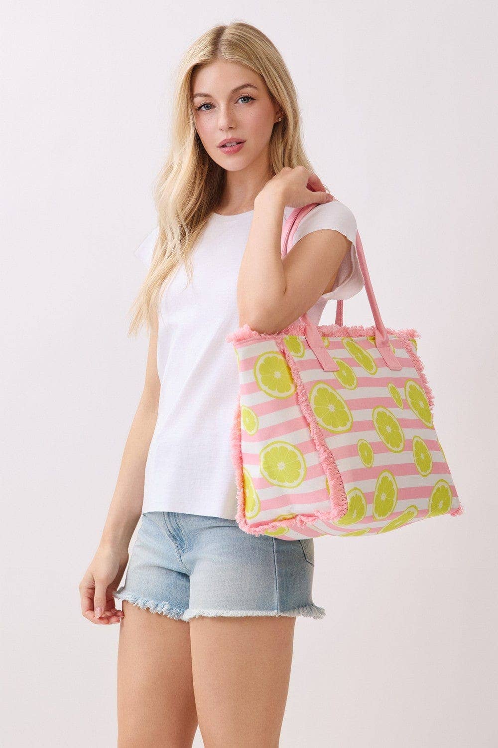 Lemon Stripe Fringe Beach Tote Bag