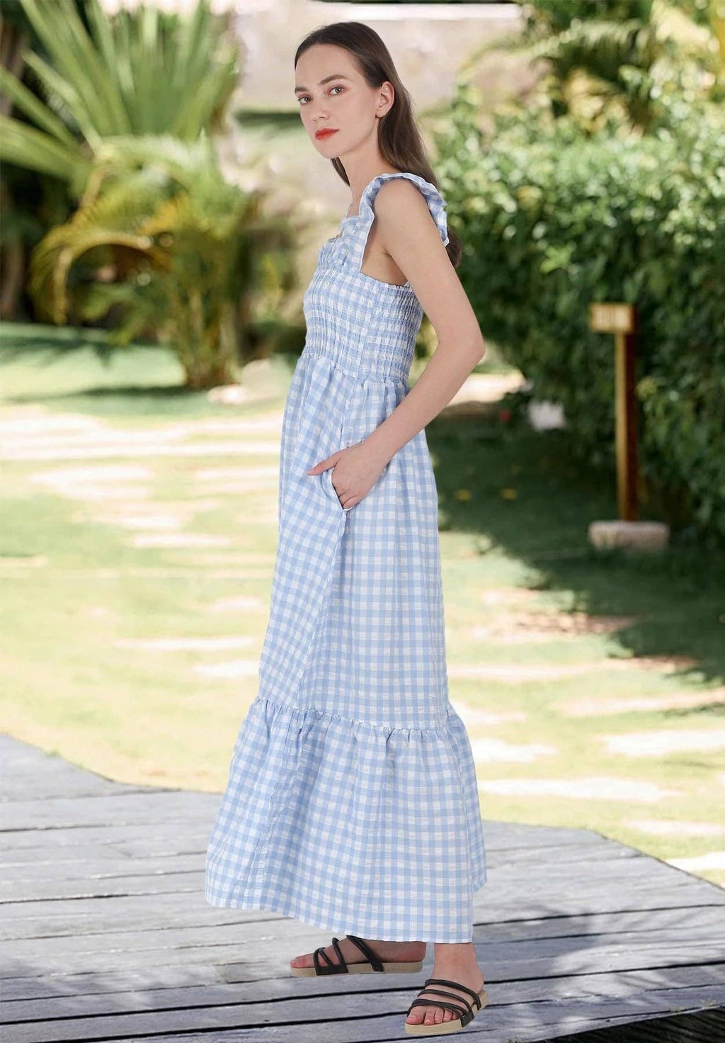 Gingham Smocked Maxi Dress Square Neck Summer