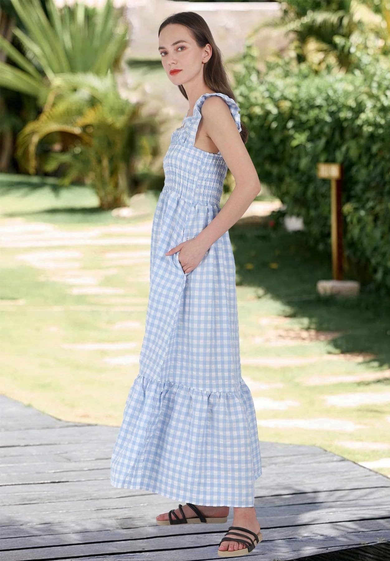 Gingham Smocked Maxi Dress Square Neck Summer