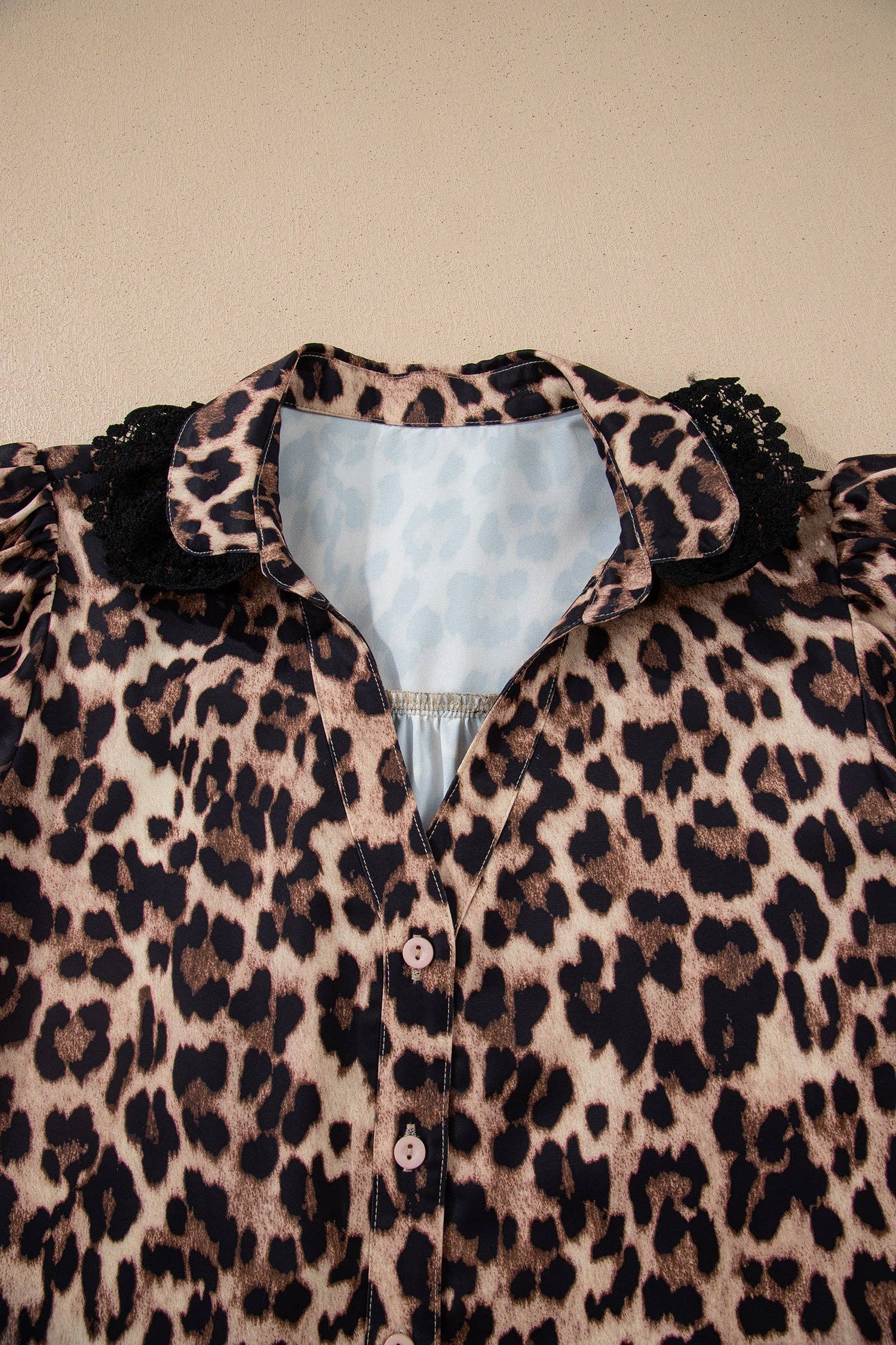 Brown Leopard Print Button Down Lace Trim Short Sleeve Shirt