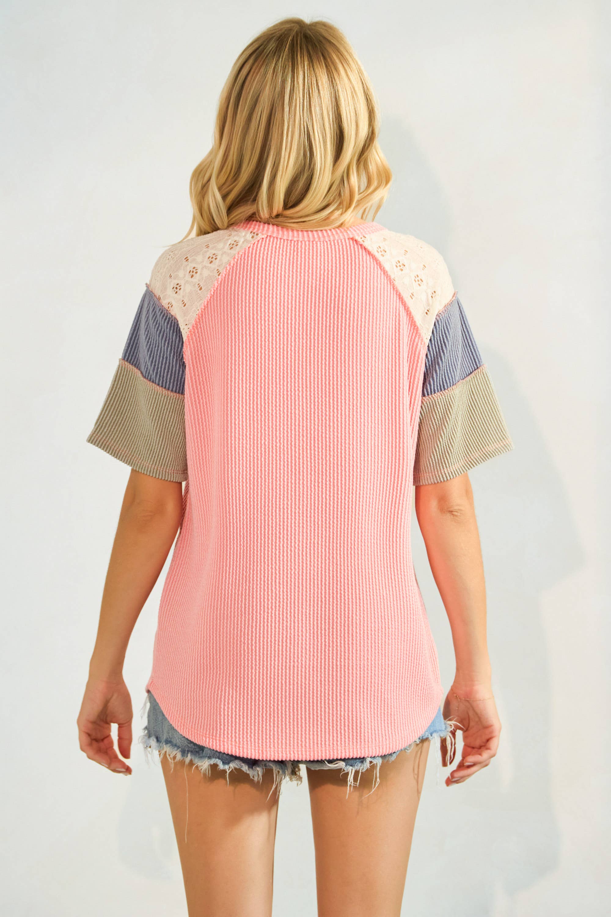 Rib Patchwork Button Front Raglan Short Sleeve Top T5942
