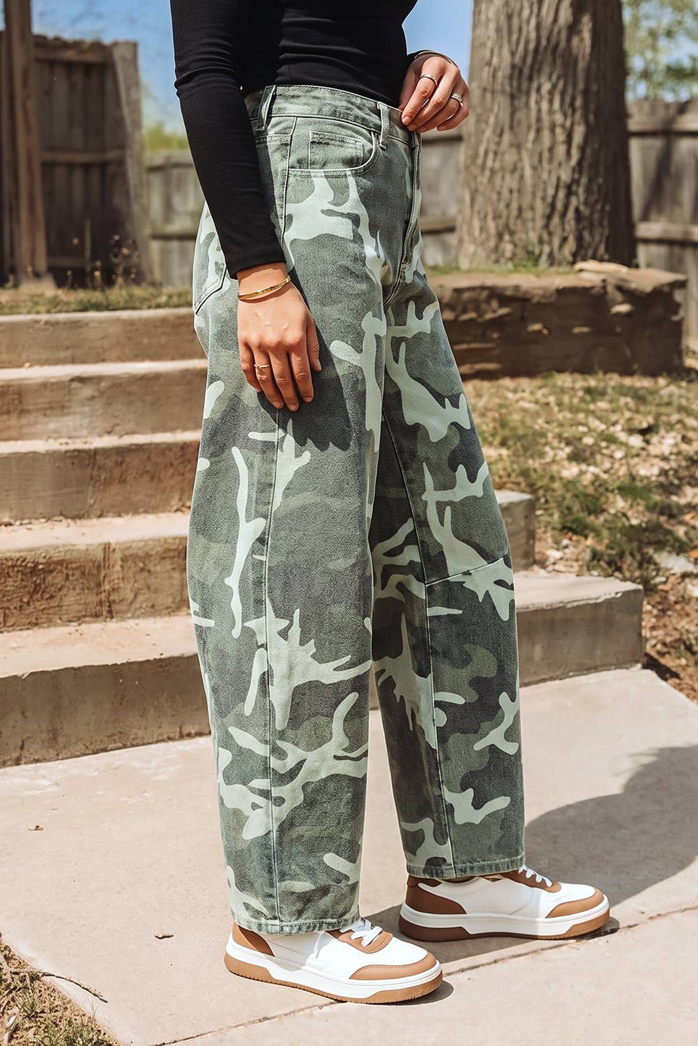Camo Print Button Fly Straight Leg Ankle Length Jeans from Fashionworks