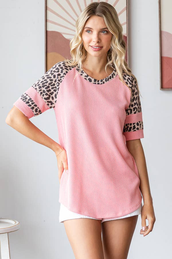 Rib Animal Print Contrast Round Neck Short Sleeve Top