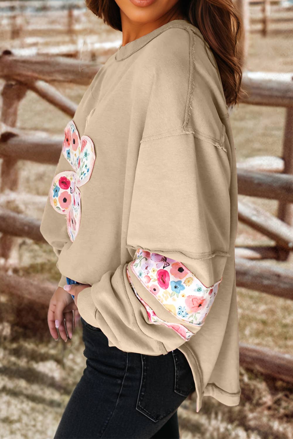 Flower Applique Patch Drop Sleeve Pullover Sweatshirt
