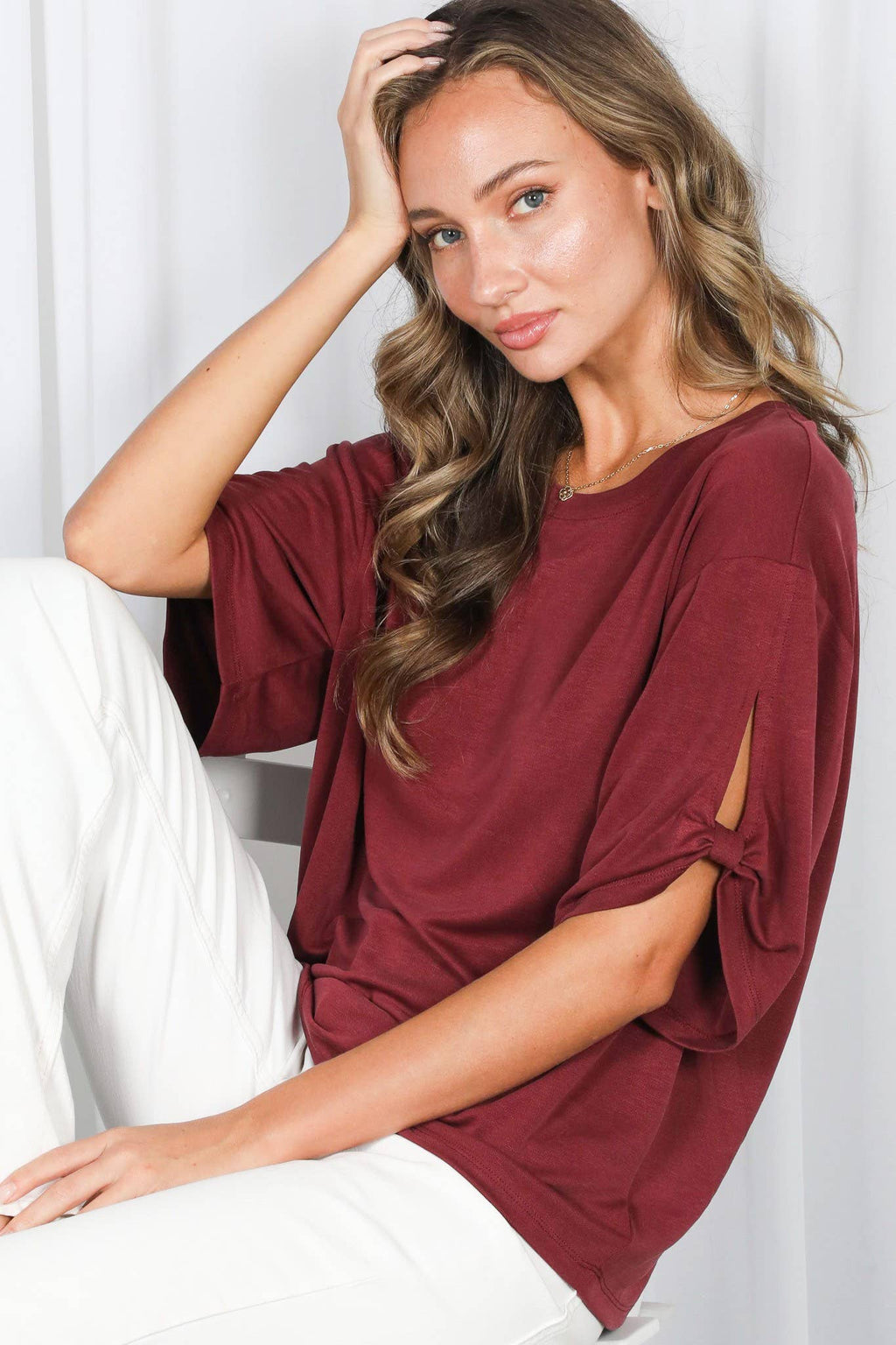 Tie Accent Sleeve Soft Casual T-Shirt Top