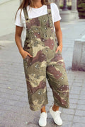 Camo Leopard Detail Loose Denim Overall Cropped Jumpsuit